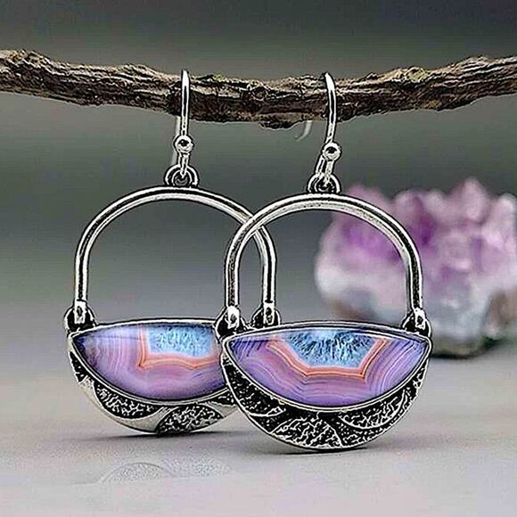 Vintage Handmade Silver Purple Hollow Out Boho Dangle Earrings - Picture 1 of 5